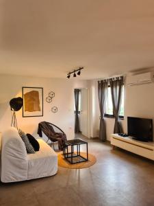 a living room with a white couch and a television at ZARA APARTMENT in Banjole