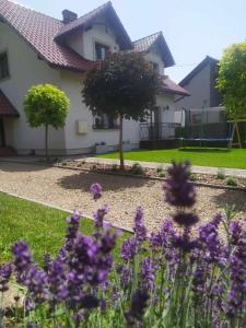 a house with purple flowers in the front yard at Zielony Apartament in Bachowice +5 photos