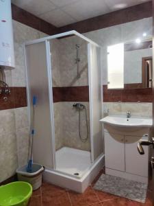 a bathroom with a shower and a sink at Sea view apartment in paradise in Elenite