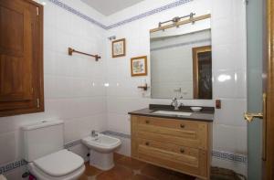Un baño con inodoro, lavabo y espejo. en Chalet canero, en San Vicente de la Barquera 19 fotos más