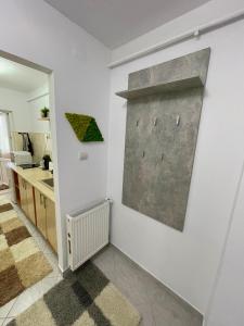 a kitchen with a wall with a painting on the wall at Apartament Fălticeni in Fălticeni +10 photos