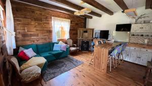 a living room with a green couch and a table at Casa Adrian in Cluj-Napoca