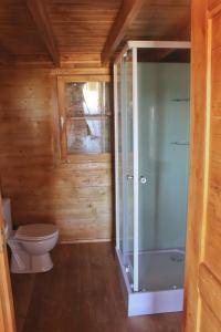 a bathroom with a toilet and a glass shower at Monte do Azibo Glamping in Podence