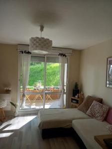 a bedroom with a bed and a large window at Le Doubs Cosy in Besançon +18 photos