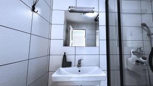 une salle de bain blanche avec un lavabo et un miroir dans l'établissement Apartments Hrvatin No 5 Sarajevo, à Sarajevo 71 autres photos