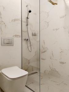 a shower with a toilet and a glass shower stall at Studio President 52 in Craiova +3 photos