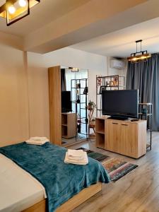 a living room with a bed and a flat screen tv at Studio President 52 in Craiova