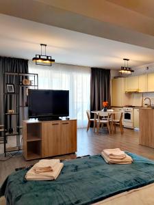 a living room with a flat screen tv and a kitchen at Studio President 52 in Craiova