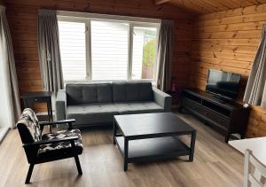 a living room with a couch and a tv at Chaletparc Krabbenkreek Zeeland - Chalet 96 in Sint Annaland