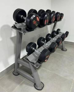 a row of dumbbells on a shelf in a gym at Vista al Río Paraguay, Costanera Asu in Asuncion
