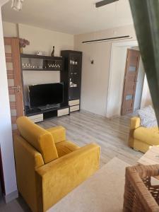 a living room with a couch and a television at Apartament Baszta Kaszana in Trzebiatów