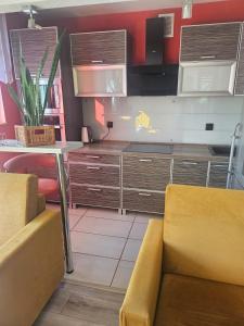 a kitchen with brown cabinets and a table and a couch at Apartament Baszta Kaszana in Trzebiatów