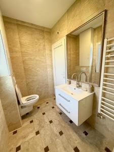 a bathroom with a sink and a toilet and a mirror at Montenegrina Apartment in Budva