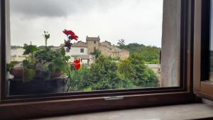 una finestra con una pianta e una casa sullo sfondo di La Corte del Castello di San Michele a San Michele in Teverina