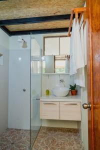 Un baño con lavabo y ducha de cristal. en Magico Bosque - Bungalow, en Moyobamba