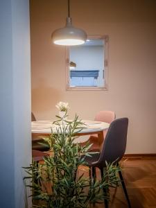 a dining room table with two chairs and a potted plant at STAR apartman Brzece Kopaonik in Brzeće