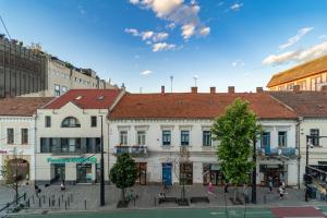 a group of buildings on a street in a city at Historic 5 star apartment in the main plaza in Cluj-Napoca