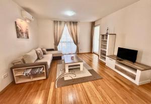 ティヴァトにあるApartments Nirgilijaのソファとテレビのあるリビングルーム