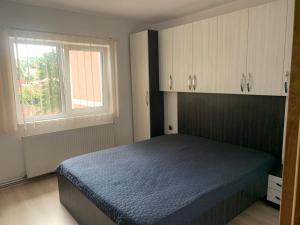 1 dormitorio con cama, ventana y armarios blancos en Good luck apartament, en Mediaş