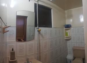 a bathroom with a shower and a toilet and a mirror at Monoambiente Acogedor in La Paz