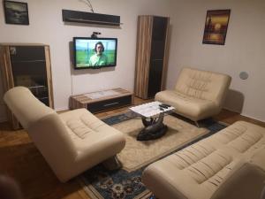 a living room with two chairs and a flat screen tv at Apartman Andreas in Slavonski Brod