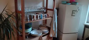 a kitchen with a shelf with dishes and a refrigerator at Private bedroom near Alexanderplatz in Sharing Apartment in Berlin