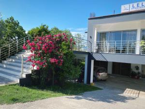 a building with a bush with pink flowers in front of it at Leli Apartments in Ulcinj