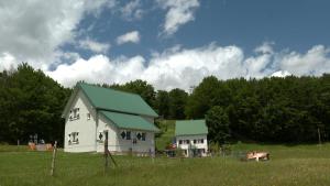 a white house with a green roof in a field at Vila Tamara 2024 in Žabljak