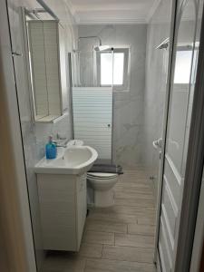 a bathroom with a sink and a toilet and a mirror at Pansion Olga in Parga
