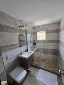 Un baño con inodoro, lavabo y ducha. en Emiri Apartament, en Hunedoara