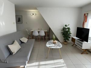 a living room with a couch and a tv at Three Rings Apartments in Karlovy Vary