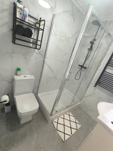 a bathroom with a shower and a toilet and a sink at Studio style room, near Tooting Broadway station in London +16 photos