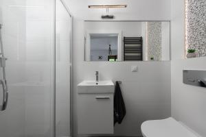 biała łazienka z umywalką i prysznicem w obiekcie Apartament Biała Kotwica w Jastrzębiej Górze