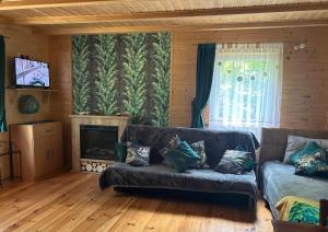 a living room with a couch and a fireplace at Domek letniskowy Chrząszczów w Małej Rusi ARIZONA in Kajkowo