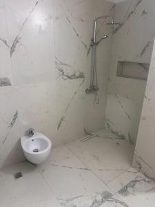 a white bathroom with a toilet and a shower at Adrian Apartment in Orikum