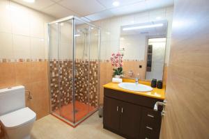 a bathroom with a shower and a toilet and a sink at Chalet Torredembarra Aire Acondicionado zona muy Tranquila in Torredembarra +7 photos
