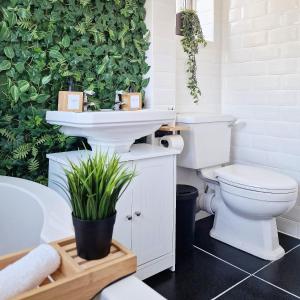 a bathroom with a toilet and a sink and a plant at Stunning Beachfront House, Herne Bay, Kent in Kent