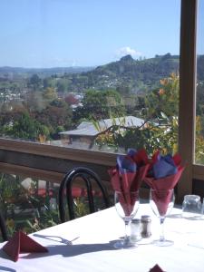 a table with two wine glasses on a table with a view at Panorama Motor Inn in Te Kuiti