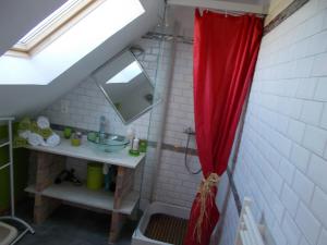 PlourivoにあるMaison Giteのバスルーム(赤いシャワーカーテン、シンク付)