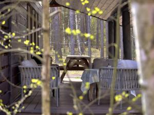 a table and chairs on a porch with trees in the background at Leśna Chata in Bierzów