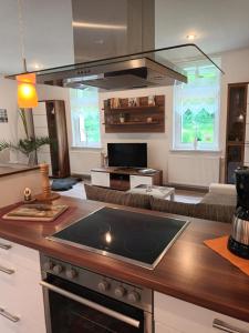 a kitchen with a stove top oven next to a living room at Apartment Leucht in Ziegenrück