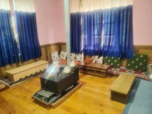a living room with blue curtains and a tv at Manepa Homestay Kardang in Kyelang