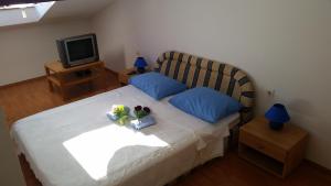 a bedroom with a bed with blue pillows and a television at Apartments Milica in Umag