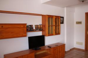 a living room with a tv and wooden cabinets at La Palmita de Canarias in Agaete