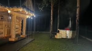 an outdoor area with a grill and trees at night at Ośrodek u Polaka-domek góralski in Radkowice