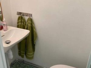 Un baño con un lavabo y una toalla verde. en 4 star holiday home in Ramdala, en Ramdala