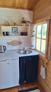 a kitchen with a sink in a wooden cabin at Merejussi Puhkemajad in Pärna