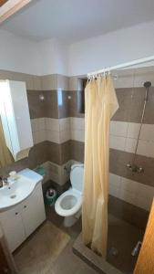 a bathroom with a toilet and a sink and a shower at Casa Cristal in Eforie Nord