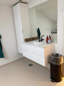 a bathroom with a sink and a mirror at Fjelstrup Kro in Haderslev +38 photos