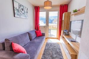a living room with a gray couch and red pillows at Sunny Aich by Alpenidyll Apartments in Aich